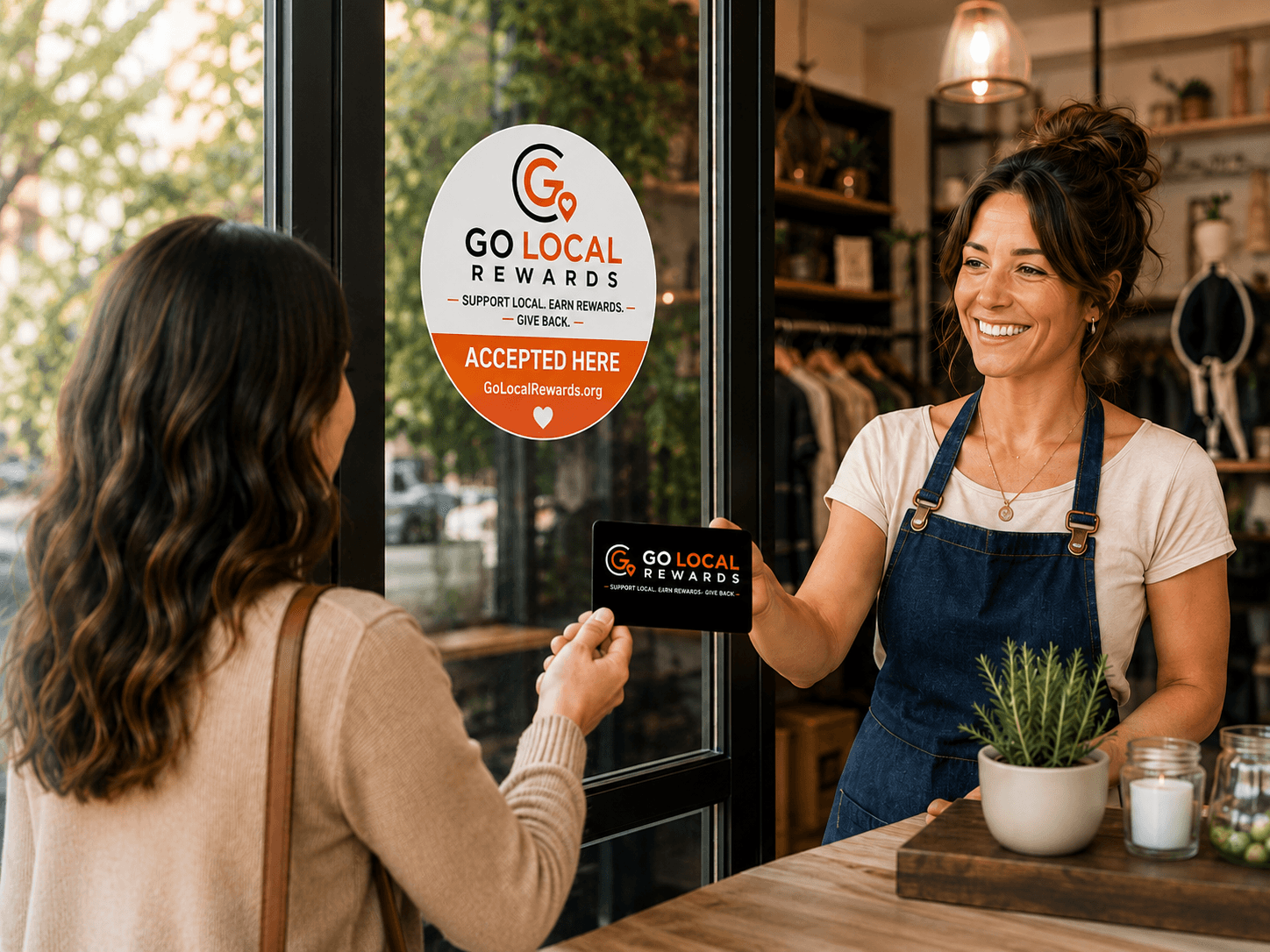 A shopper and a local business owner exchanging a Go Local Rewards card at a shop entrance, beside a Go Local Rewards 'Accepted Here' window decal